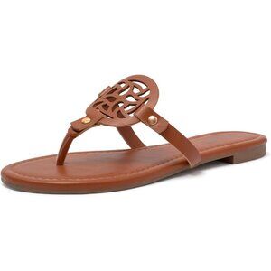 Women's Brown Flip Flop Comfortable Faux Leather Flat Sandals Shoes